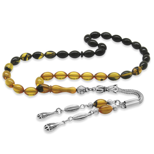 Short Black And Yellow Amber Rosary With A Metal Tassel
