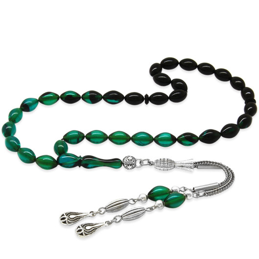 Short Black And Turquoise Amber Rosary With A Metal Tassel