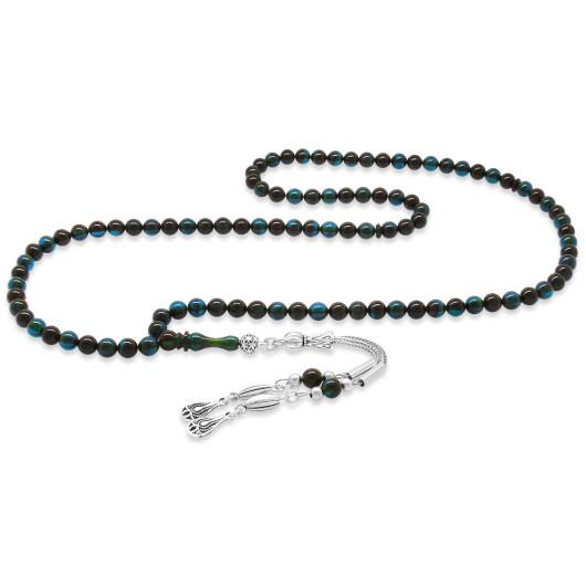 Blue And Black Compressed Amber Rosary With Metal Tassels