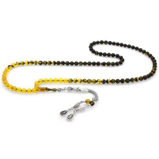 Yellow And Black Fiery Amber Rosary With Metal Tassels