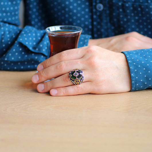 Sword Themed Green Zircon Stone 925 Sterling Silver Men Ring