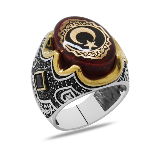 Crescent Star Themed 925 Sterling Silver Men Ring On Red Amber