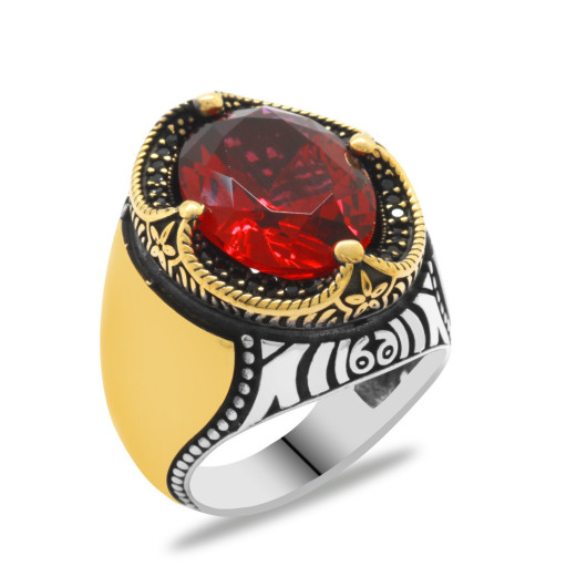 Red Zircon Stone Personalized Name Letter Written Silver Men Ring