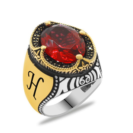 Red Zircon Stone Personalized Name Letter Written Silver Men Ring