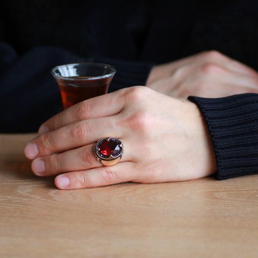 Red Zircon Stone Personalized Name Letter Written Silver Men Ring