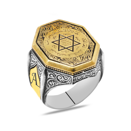 Personalized Silver Men Ring With Name Letter Written Seal Of Solomon