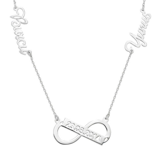 Personalized Silver Infinity Necklace With Name And Date Written