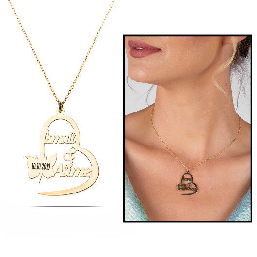 Personalized Name Date Written Gold Silver Butterfly Heart Necklace