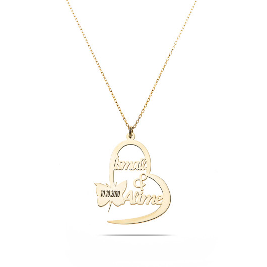 Personalized Name Date Written Gold Silver Butterfly Heart Necklace