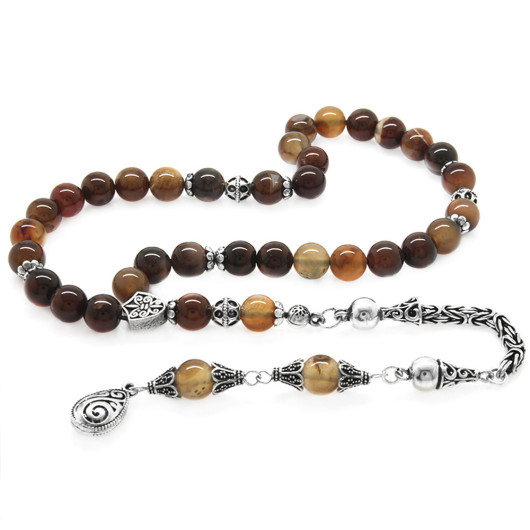 Natural Agate Rosary With Silver Tassels And Spherical Beads