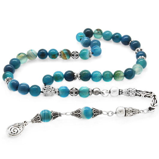 Natural Agate Rosary With Blue Silver And Turquoise Tassels