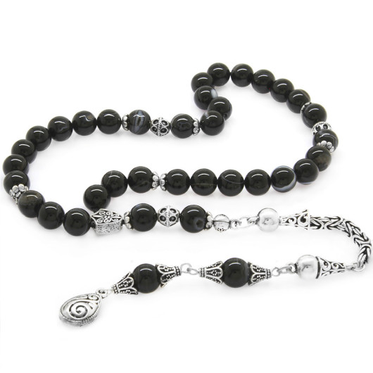 Natural Agate Rosary With Black Silver Tassels