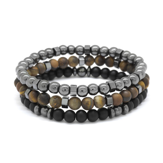 Sphere Cut Black Onyx Tiger Eye Hematite Combined Natural Stone Bracelet