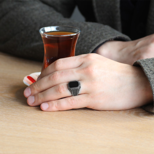 Tulip Embroidered Black Onyx Stone 925 Sterling Silver Men Ring