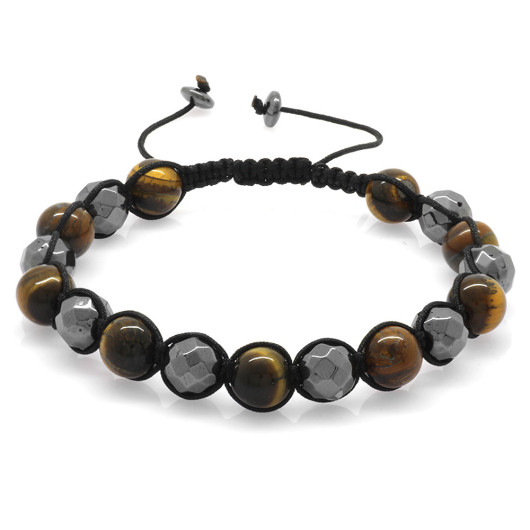 Macrame Braided Sphere Cut Tiger Eye Faceted Hematite Combination Natural Stone Bracelet