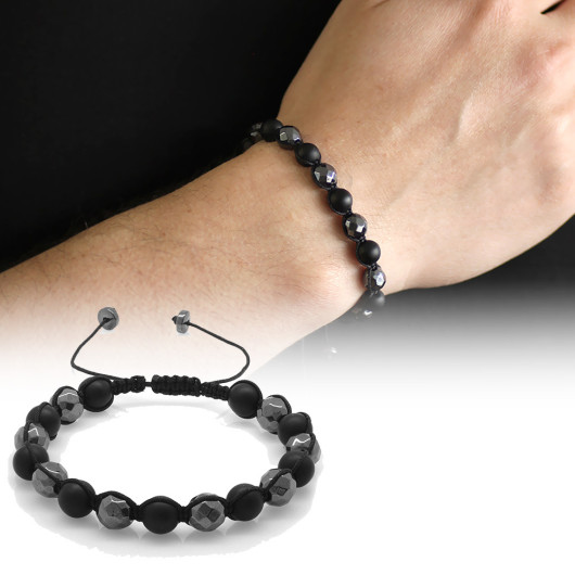 Macrame Braided Sphere Cut Natural Stone Bracelet With Onyx Facets And Hematite Combination