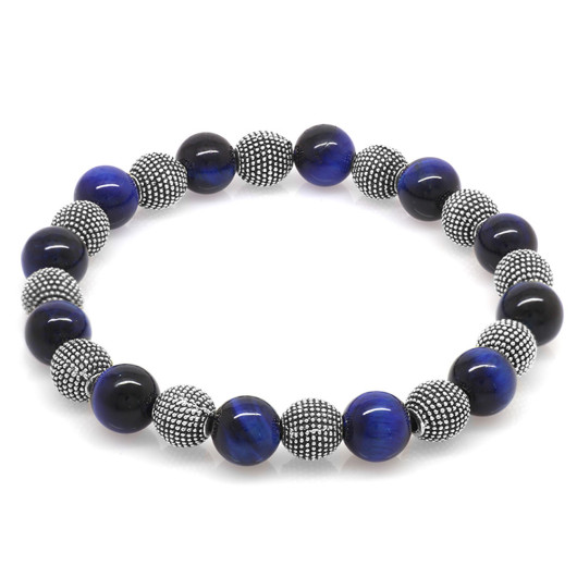 Blue Tigers Eye Metal Combination Sphere Cut Natural Stone Bracelet