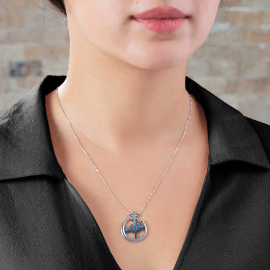 Silver Women Necklace With Blue Zircon Stone And Arabic Allah Written