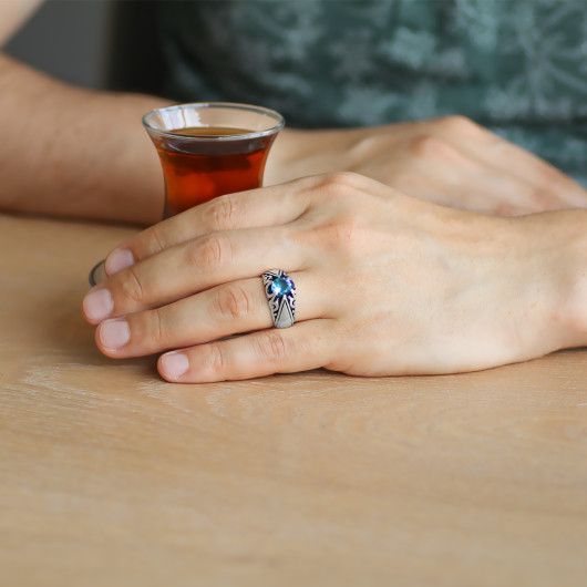 Blue Zircon Stone Minimal Design 925 Sterling Silver Men Ring