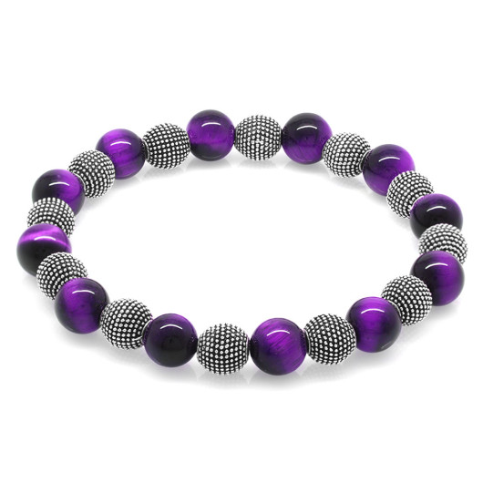 Purple Tigers Eye Metal Combination Sphere Cut Natural Stone Bracelet