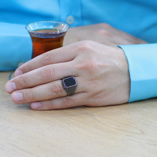 Tulip Embroidered Black Onyx Stone Silver Men Ring