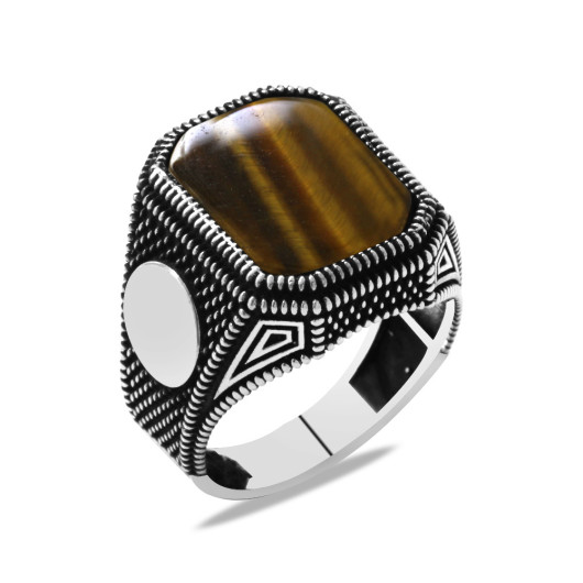 Tiger Eye Stone Personalized Name Letter Written Silver Men Ring