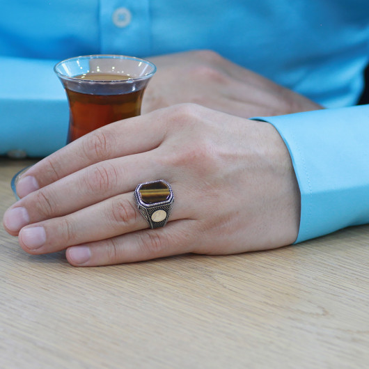 Tiger Eye Stone Personalized Name Letter Written Silver Men Ring