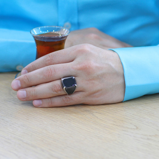 Eagle Claw Detailed Black Onyx Stone Silver Men Ring