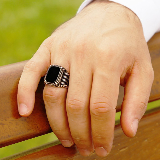 Dot Embroidered Black Cornered Onyx Stone Silver Men Ring