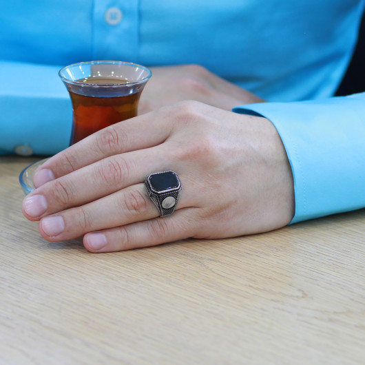 Black Onyx Stone Personalized Name Letter Written Silver Men Ring