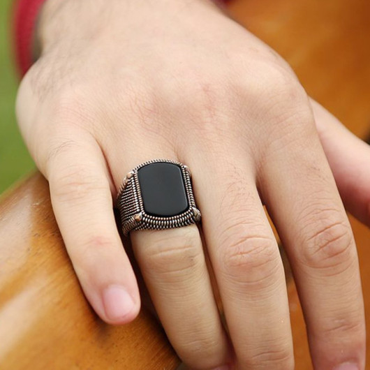 Embroidered Black Onyx Stone 925 Sterling Silver Men Ring