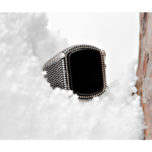 Embroidered Black Onyx Stone 925 Sterling Silver Men Ring