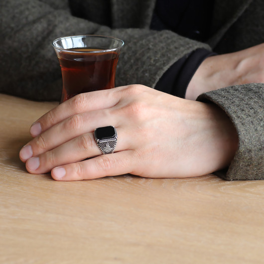 Black Onyx Stone Silver Men Ring With Tughra Motif