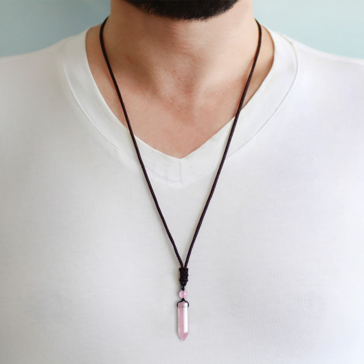 Obelisk Design Rope Chain Rose Quartz Natural Stone Men Necklace