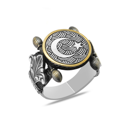 Authentic Design Crescent Star Motif Silver Men Ring