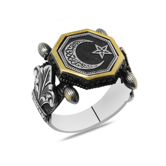 Authentic Black Zircon Stone Crescent Star Silver Men Ring