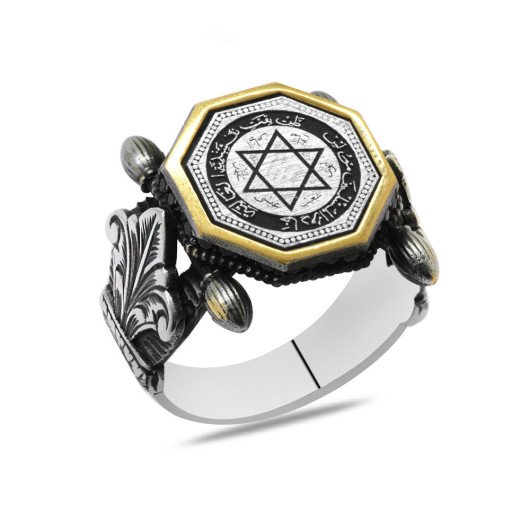 Black Zircon Stone Seal Of Solomon Embroidered 925 Sterling Silver Men Ring