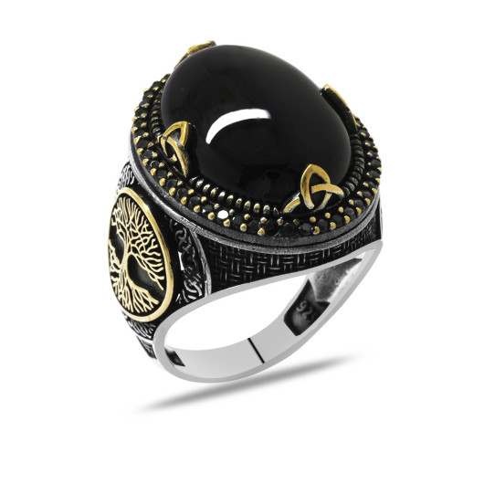 Oval Design Tree Of Life Patterned Onyx Stone Silver Men Ring