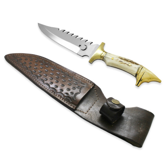 Steel Hunting Knife With Wolf Head Handle And Star And Crescent Decoration