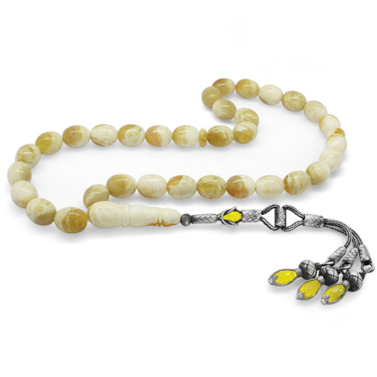 Distinctive Yellow And White Boxed Amber Rosary With Silver Tassels