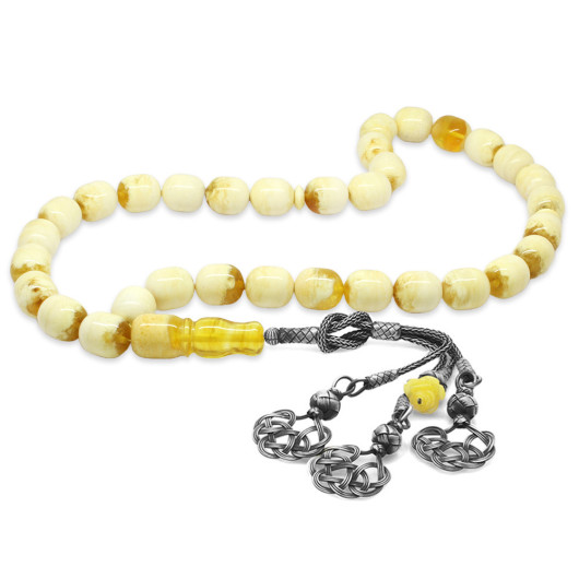 Amber Drop Rosary With Yellow And White Silver Tassels In A Box