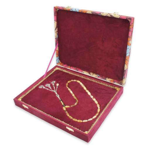 Yellow And White Amber Drop Rosary With Silver Tassels In A Box