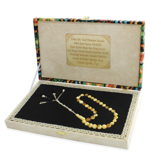 Amber Rosary With Yellow And White Silver Tassels In A Box