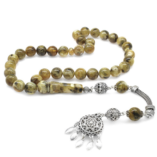 Luxurious Amber Rosary With Brown And Black Silver Tassels In A Box