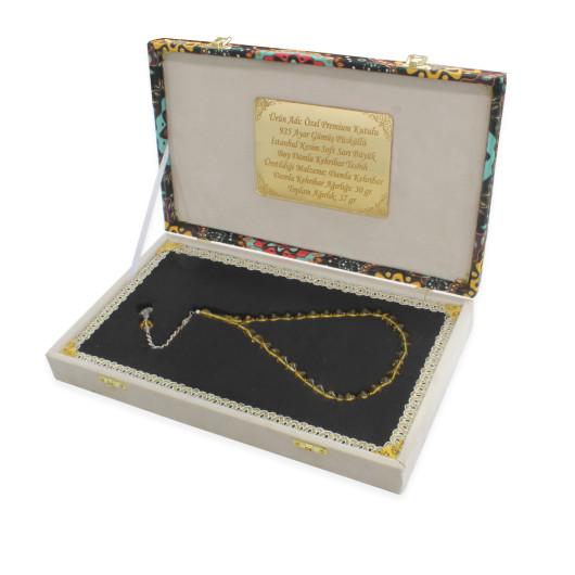 Luxurious Yellow Transparent Amber Rosary With Silver Tassels In A Box