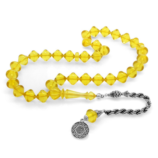 Luxurious Yellow Transparent Amber Rosary With Silver Tassels In A Box