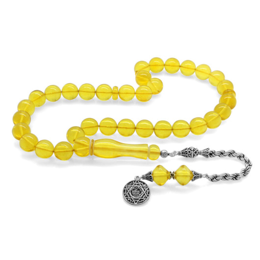 Luxurious Amber Rosary With Transparent Yellow Silver Tassels In A Box