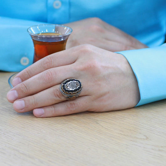 Silver Men Ring With Seal Suleyman Engraved On Pressed Amber And Written Name Letter