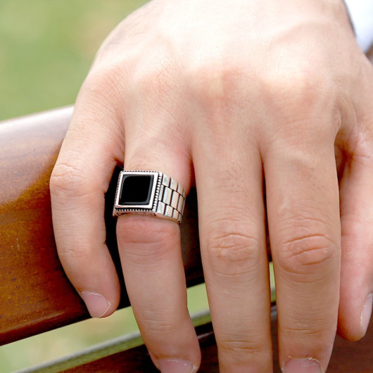 Symmetrical Patterned Black Onyx Stone 925 Sterling Silver Men Ring