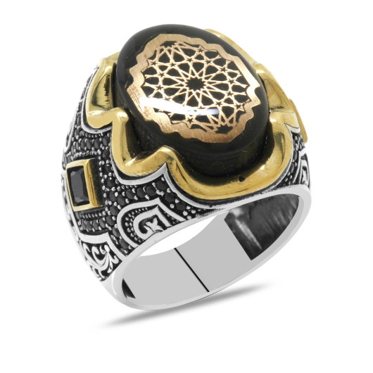 Black Amber Engraved 925 Sterling Silver Men Ring